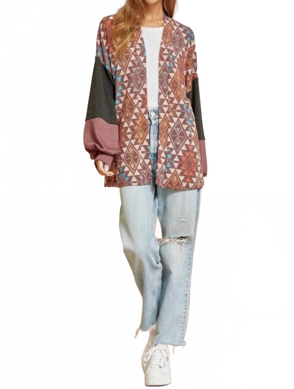 NEW ANDREE BY UNIT aztec print cardigan in plum
